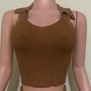 Elegant Brown Ribbed Knit Crop Top